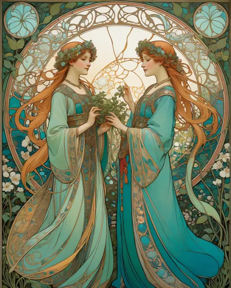 (masterpiece, best quality, highly detailed, ultra-detailed, intricate), illustration, Art Nouveau by Alphonse Mucha, dynamic angle, Two young twin girls, with light skin and matching traditional folk-art attire, standing hand in hand atop a verdant knoll....