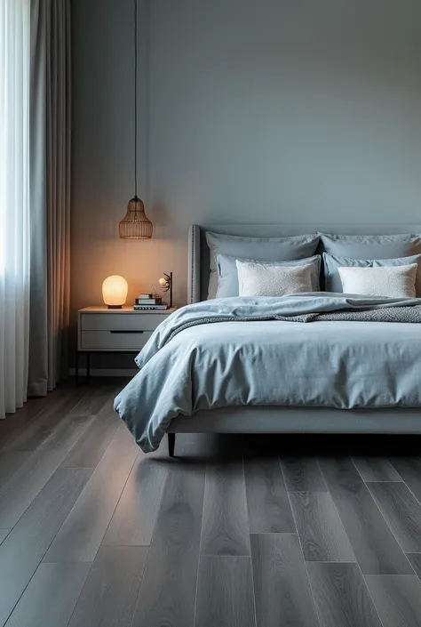 A bedroom with blue grey colours with grey bedroom and granit schwarz laminate flooring