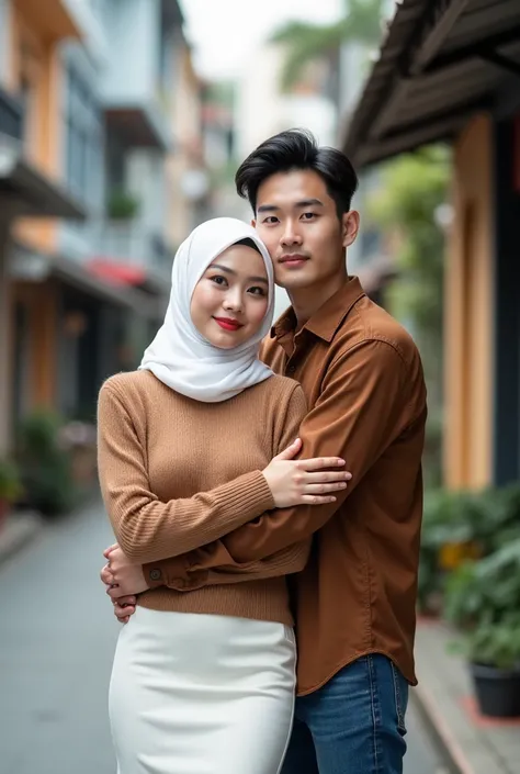  professional full body portrait of beautiful young lovers and handsome face Sundanese and korean featured age 20,  beautiful girl wearing moslem hijab color white ,  sweaters casual brown color , pencil skin skirt white color ,  outfits men casual shirt b...