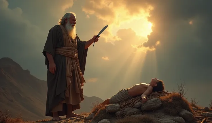 The sky above the mountain is a swirl of dark clouds, the wind rushing through the barren landscape as if nature itself feels the weight of the moment. Abraham, an old man with a long silver beard, stands over his bound  son, Isaac, who lies on the firewoo...