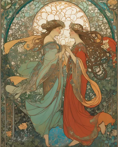 (masterpiece, best quality, highly detailed, ultra-detailed, intricate), illustration, Art Nouveau by Alphonse Mucha, dynamic angle, Two young twin girls, with light skin and matching traditional folk-art attire, standing hand in hand atop a verdant knoll....