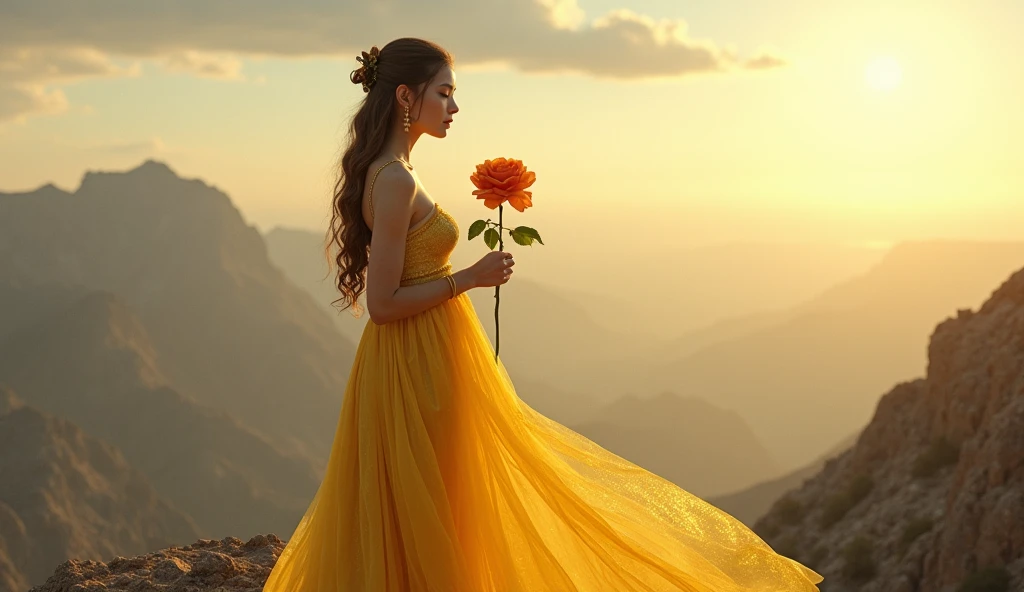 A  wearing shiny yellow frock, taking a Egyptian rose flower on her hand and staying on windy mountain peak at sunrise 