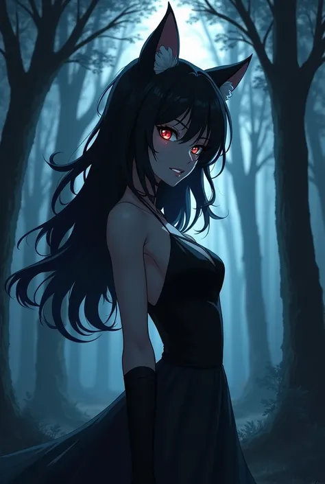 Anime, 1 girl warewolf, shadow power, background night forest, beauty girl, darkness, wild