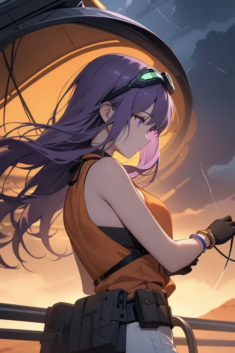 Solo, upper body, from side, looking down at wires, repairing futuristic vehicle, hair blowing in wind, a top moving hover train cart, gloves, Girl with purple eyes, purple hair, long hair, swept, bangs, deep in thought, thin, green tinted goggles on head,...