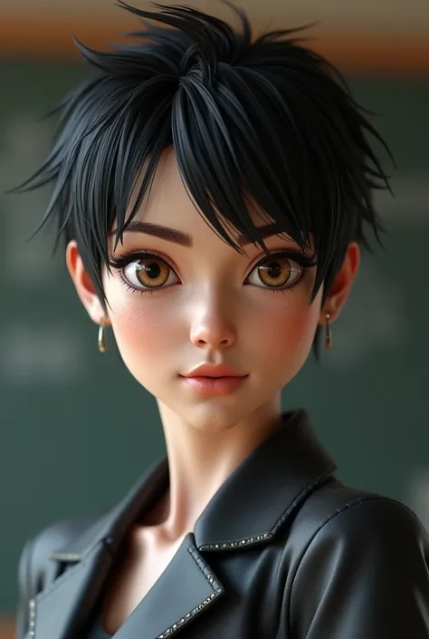 A women, short hair style, black hair color, teacher, nation Sweden, 3d realitic, not anime, tomboi hair
