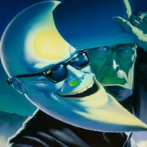 painting of a man in a banana mask with a hand up, slim shady tennis ball monster, max headroom, its a deep dream, jim warren, mr clean, frank kelly freas, moon behind him, goosebumps book cover, ( ( ( grant wood ) ) ), goosebumps, white cyclops portrait i...