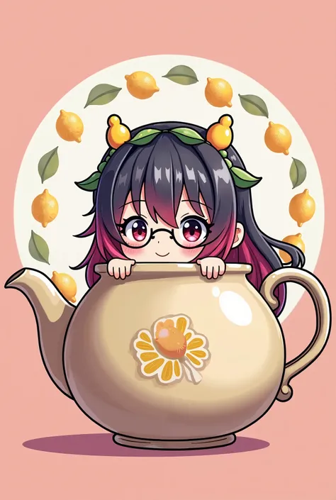 Create a chibi female adult looking anime character peeking inside a giant teapot and smiling and make her wear a lemon fruit with green leaves earmuffs and eyeglasses and has a pink hair with perfect circular yellow background with lemon motif design