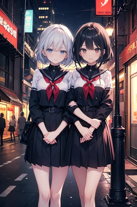 An anime-style scene set in a vibrant nighttime cityscape. Two high school girls are standing in the bustling neon-lit streets. One has silver hair, styled neatly, and wears a school uniform with a modern, elegant design. The other girl has sleek black hai...