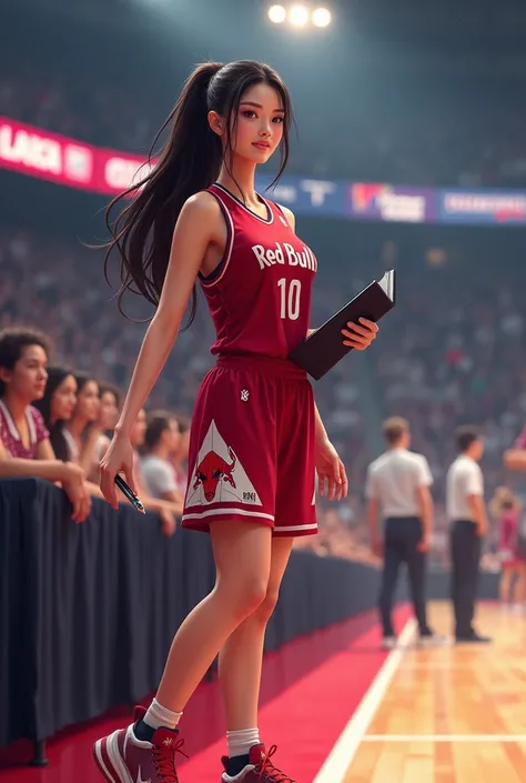 Basketball stadium background, sideline, sideline seats, sneakers, Red Bulls uniform, holding a folder in her left hand, pen in her right hand, looking at the court, beautiful Asian woman with a slightly sweaty smile, full body, long legs, good shot, very ...