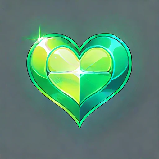 Design a simple yet visually striking pixel art icon in SNES-style to represent health points, using a green color palette instead of red. The icon should feature a vibrant green heart, stylized with smooth curves and a shiny, reflective surface to make it...