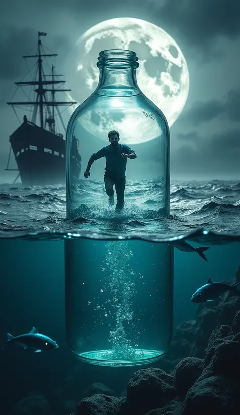 Inside a white glass jug, a tiny man runs frantically on a smooth, reflective glass floor as water slowly begins to pour in from invisible cracks. The jug floats precariously on the stormy sea, the dark blue water roaring below. Outside, a massive shipwrec...