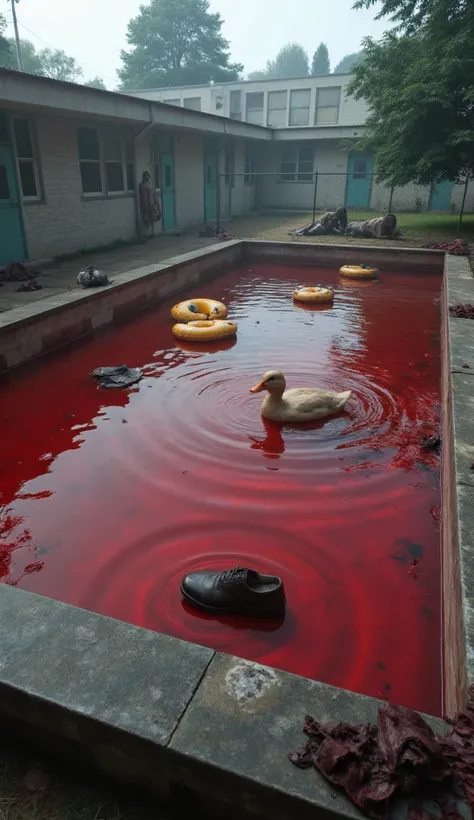  Ultra realistic style ，Panoramic shooting， school swimming pool with duck swimming rings floating in the blood-red water，In front of the picture, there is a duck with a shoe dropped ， and two zombies are lying on the ground on the shore at the end，Big swi...