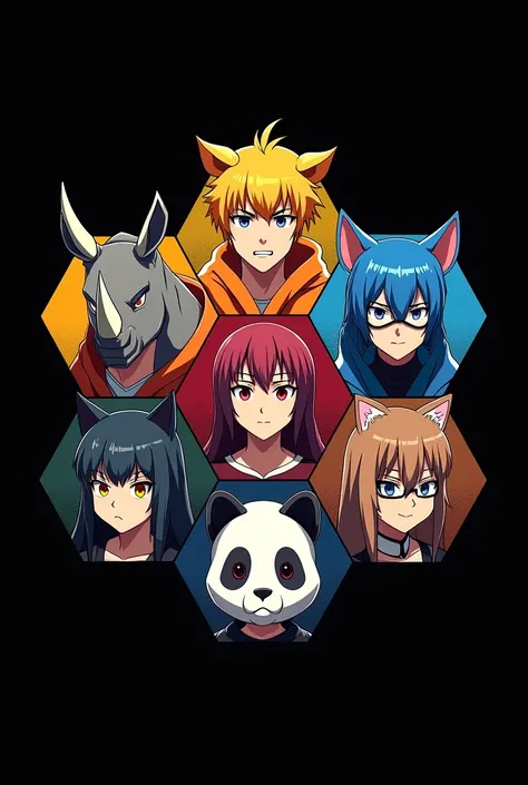 Logo Hexagon,
6 people with Head Animal Costume in one frame.
Top position (3 Man with Rhinoceros, Elephant, Lion costume) 
Bot position (3 Women with Cat, Panda, Wolf costume)
Serious Expression. Graphic design iillustration. Japan Anime style. no teks. 3...