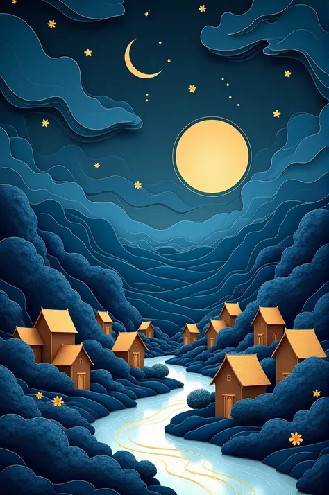 The digital artwork features stylish, layered paper cut designs. The layout is vertical, with the night sky swirling in deep blues and blacks, dominated by a large crescent moon and scattered golden clouds. Below, a meandering river of gentle white flows t...