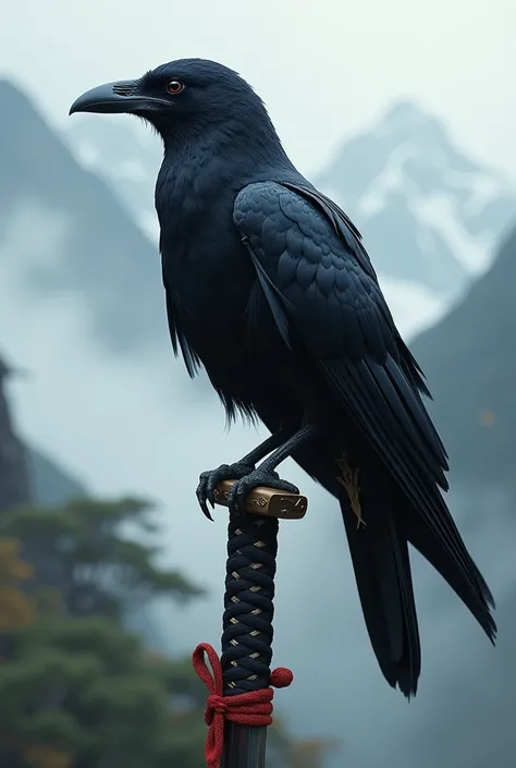 A Japanese katana with a raven on top of it
