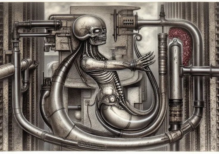 H. R. Gigers g1g3r, , Giger_style, H. R. Gigers g1g3r, , Giger_style, The image is a detailed view of H.R. Gigers " HRG NY CITY " plate, featuring ( HRGGR, The image is a detailed view of H.R. Gigers biomechanical tableau " LANDSCAPE No 312 " plate, featur...