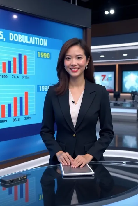 "Create a realistic and professional image of a female news anchor presenting a population report in a modern television studio. She is standing confidently at a sleek news desk with a digital screen behind her displaying key population data:

1979: 54.7 m...