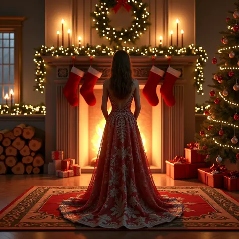  Winter Time Christmas ,  Beautiful fireplace with socks on it, Beautiful ,  Firewood Crackling , Warm Atmosphere,  Christmas gifts , christmas decorations , Elochka, Beautiful garlands ,  ballroom outfit is as detailed as possible,  complex ,  best qualit...