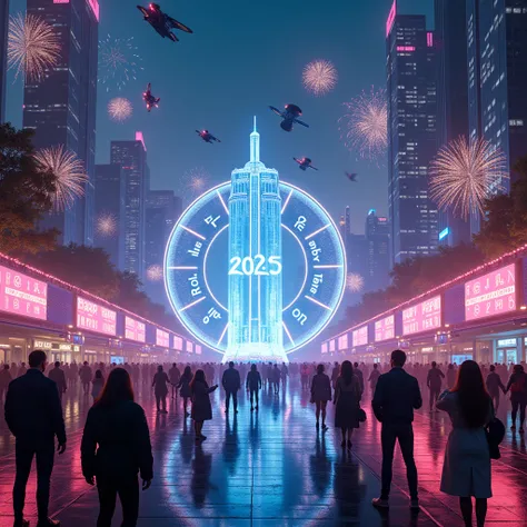 A futuristic New Year 2025 celebration scene in a vibrant city, illuminated by dazzling neon lights. The skyline is filled with flying cars, holographic fireworks, and digital countdown screens in the air. People are wearing stylish futuristic outfits, enj...