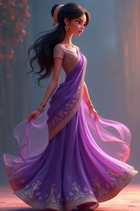 An animation lady in purple emblished saree