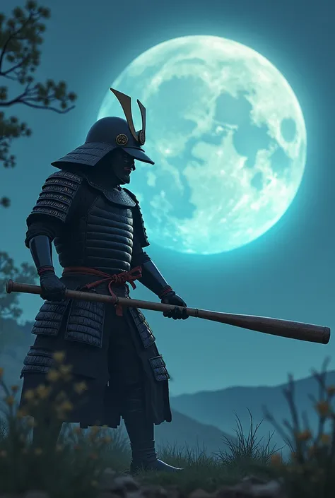 Samurai shooting back a ball with a baseball bat in the moonlight