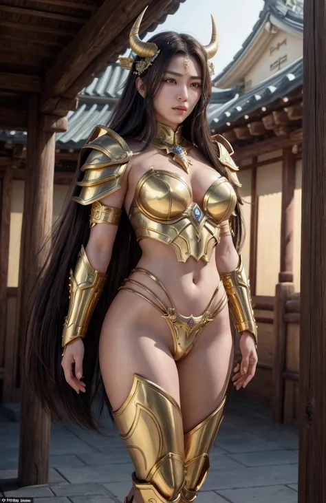 Prompt Teks:
"A hyper-realistic depiction of a female Taurus zodiac warrior inspired by Saint Seiya, showing her entire body in a majestic pose. She has a stunning Japanese face with flawless skin, almond-shaped eyes, and long, flowing dark hair styled ele...