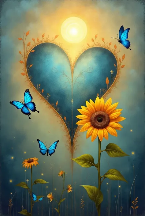 A heart with blue butterfly and a sunflower in the middle artistic