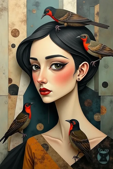 Cubist paintings , Female face,  birds on the shoulder and head

