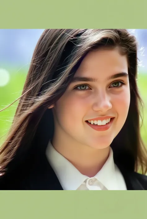 (very realistic photography),(masterpiece, best quality:1.3), 1girl, (alone), from just her side, her beautiful profile,
((young Jennifer Connelly)),(at age 15),
from the top of her head to her waist,
she wear in tidy dark blue high school blazer uniform a...