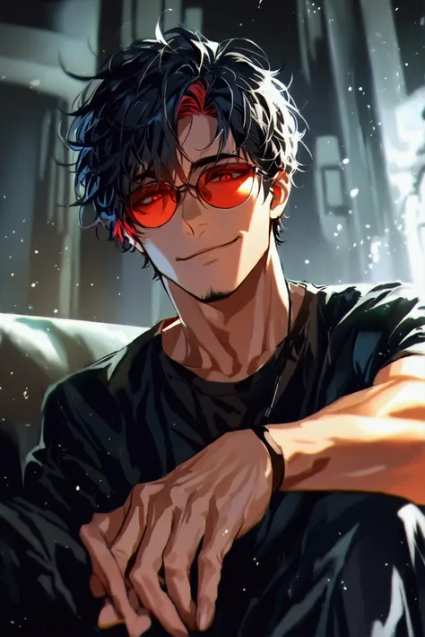 (solo), (1 male), (1 man), handsome men, (one man with black hair with red inner color, red eyes), short hair, messy hair, sunglasses with a red round edge,((masterpiece)), (dark background: 1.3), (stylish), (smile),dynamic angle, (detailed face, detailed ...