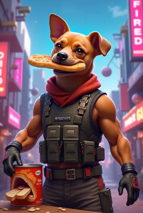 A dog holding an arepa in the shape of a muscular man wearing free fire clothes on a free fire background, And next to the dog a can of ham with hands laughing and holding bread 