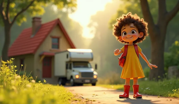  "One sunny morning, 
"Ella A curious young girl with short, curly brown hair, wearing a bright yellow dress and red rain boots". 
Her family moved into a charming old house at the edge of a forest."
A quaint, slightly worn-down house with a red roof, surr...