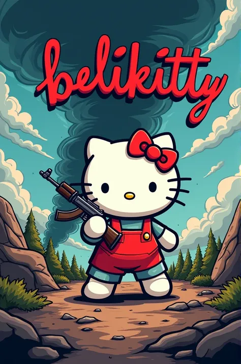 A cartoon some letters that say belikitty and hello kitty in the background with a very warlike AK47 and tornados in the background 