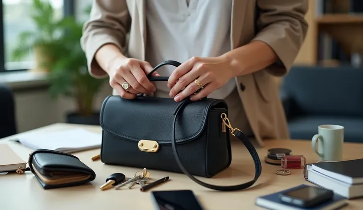 busy woman in office room  holding an elegantly organized purse, surrounded by her daily essentials like keys, wallet, and makeup. The setting captures a moment during a hectic morning, where she quickly and confidently accesses items from her bag. The sce...