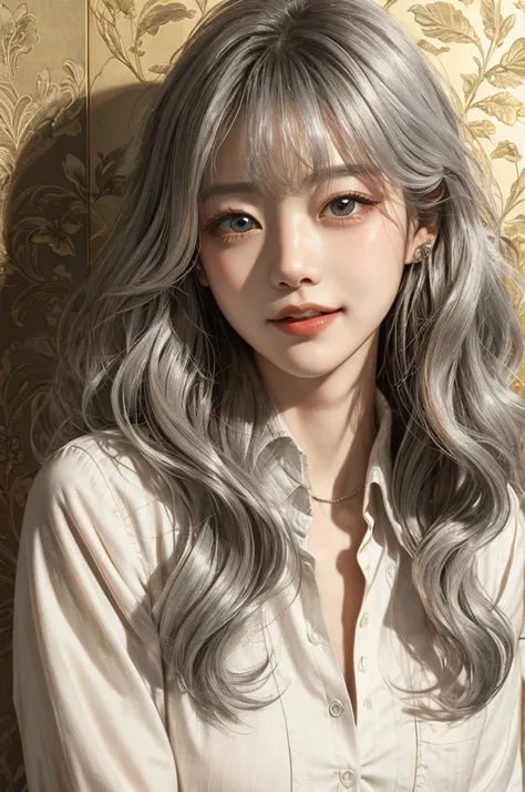  shes beautiful 、Big round eyes、Blank look、Expression of eyes 、Whisper in my ear、(smile:0.8)、Tilt 、 skin texture、antique shirt、collar、 complicated、 Soft Glittering Reflections 、 silver hair、 Natural Wave Hair 、 listening to timeless music 、 orange vintage ...