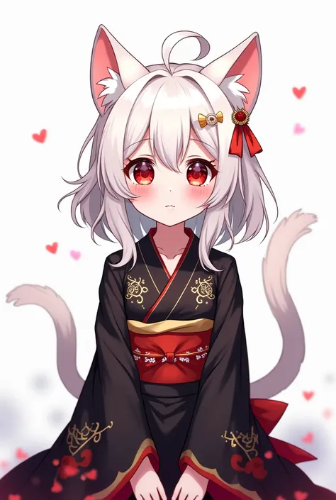 Anime-style cartoon .Completely white, bee,  slit eyes as red as blood, wavy white hair ,  pretty face,  cat ear, A white cats tail. Wear a black kimono with gold details 
