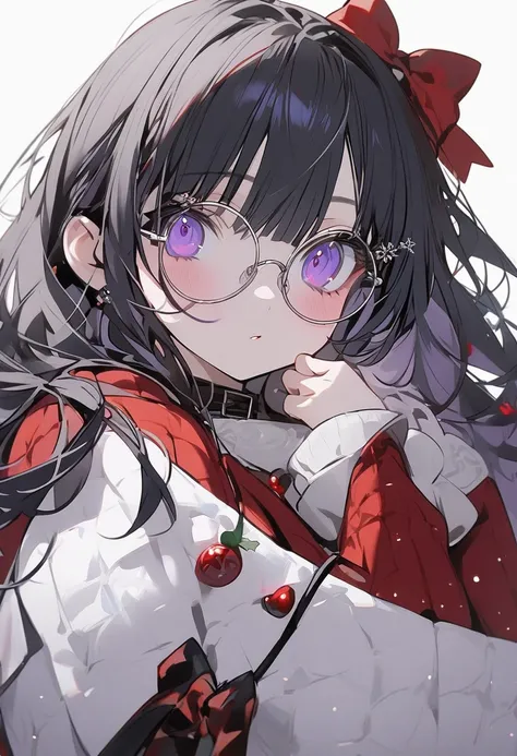 Alone, 1 girl,black  hair,purple Eyes,long Hair, Long Sleeve, quirky girl, Glasses,christmas,Xmas