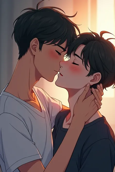 Make in Anime style, A boy kissing another boys neck. The boy kissing his neck is holding his waist, licking his neck as he holds the back of his head