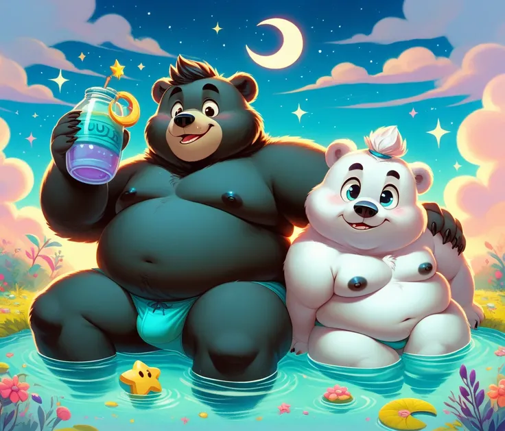 (cute, chubby male, anthro, polar bear cub, black nipples), cyan briefs, anthro, duo, bear, smile, shortstack, double chin, chubby thighs, fat pad, facing front, messy hair, open eyes, belly rub, sitting in a pillow at night, crescent moon, stars in the sk...