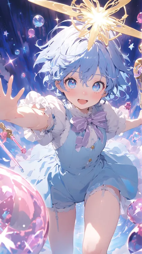 (Magical boy:1.5), big eyes, sparkling eyes, pale blue clothes, short pants, garter straps,  magic stick, anime illustration, masterpiece, best quality, extremely detailed CG unity 8k wallpaper,