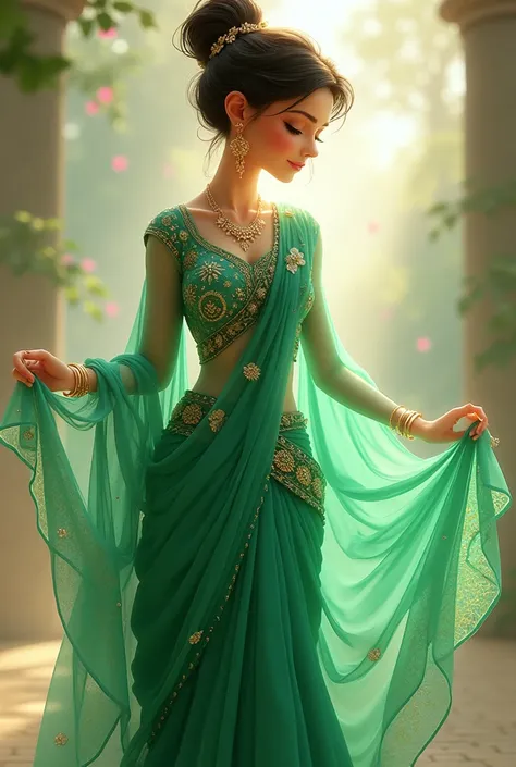 An animation lady in green emblished saree with sleeve blouse