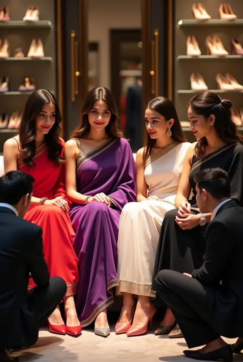 Four beautiful gorgeous women sitting crossing their leg at sofa in a shoe shop wearing red, violet, white and black silky georgette beautiful saare. The women are rich. The shopkeepers sit at their leg and putting different beautiful shoe to their legs. T...