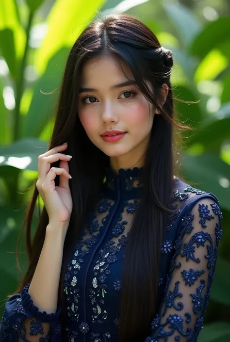 A serene portrait of a young beautiful pakistani-thai woman in nature,has chibby cheek ,fair skin and red lips, smile dimple ,surrounded by lush green leaves, navy dressed in a little lace ,fullneck,  and Ruffles decoration on arm , sequined top adorned wi...