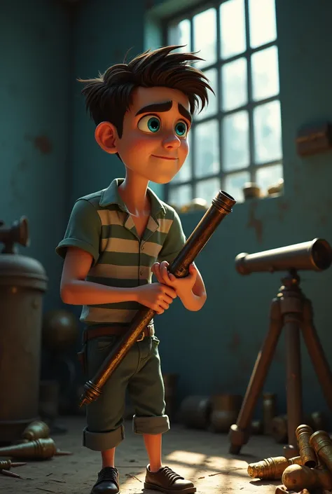 Disney pixar themed Skinny white, handsome man with blue eyes, with dark brown short hair and three-day stubble, who cry, he is in a jail, prisoner, he have the big metal detector in his arms and a lot of old ammunition and old bilons on the ground. There ...