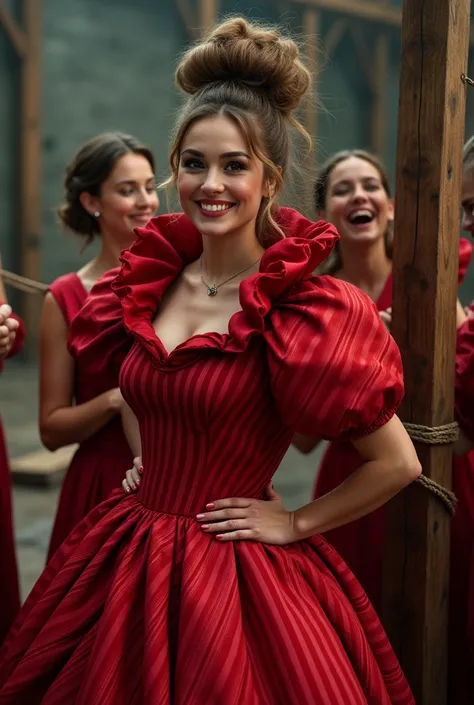 (realistic photograph close up sideways), (a pleased beautiful Caucasian woman with (messy hair bun), she is wearing (an elaborate red striped shiny satin gown with (long gigantic pouf sleeves), (and with an ultra high stand-up collar up to her cheeks) (wi...