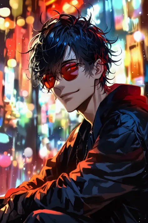 (solo), (1 male), (1 man), handsome men, (one man with black hair with red inner color, red eyes), Manban hair, messy hair, sunglasses with a red round edge,((masterpiece)), (dark background: 1.3), (stylish), (smile),dynamic angle, (detailed face, detailed...