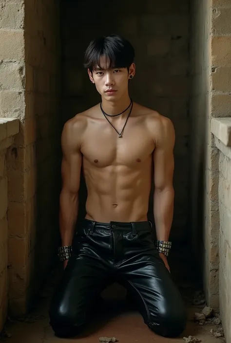 (((Skinny, fit, ripped, shirtless boy))), (((19 yo, slim, muscular, fit twink))), (((ripped sixpack))), wrists restrained by metal cuffs above his head, leaving him hanging and restrained , (((beautiful boy))), (((beautiful face, K-pop type))),  (((slim fi...