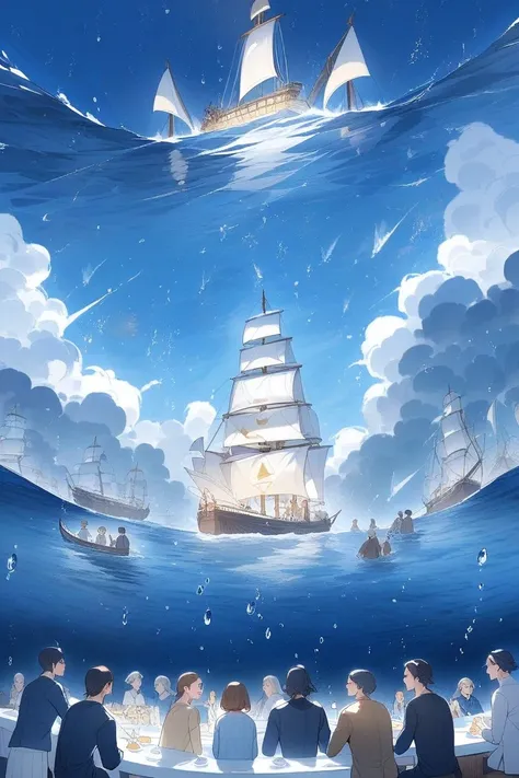 Super large ship, Lots of sailors  ,  old and young men and women , The open sea ,  blue sky ,  penguin marks on sails , wave droplets , Dining scene ,  conceptual 