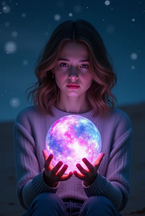 lower left side a big candle burning dim lit,  Teenage girl, medium brown hair, thoughtful expression, holds glowing orb filled with vibrant nebulae and star-dusted galaxy. Close-up, slightly low-angle perspective. Soft light illuminates her face, highligh...