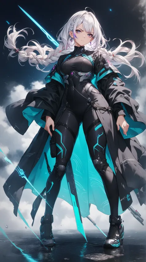 Front straight eye-level faraway shot of a serious anime girl with long, braided white hair and intense violet eyes, dressed in a sleek, dark silver and black suit with sharp, angular armor plating. She stands confidently with one hand on her hip and the o...